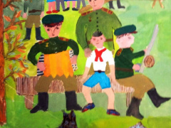 Семёнова Марина, 10 лет. Пионеры в гостях у пограничников, гуашь. 1969 г. Педагог Демидова А. И.,  Ленинградский Дворец пионеров им. Жданова