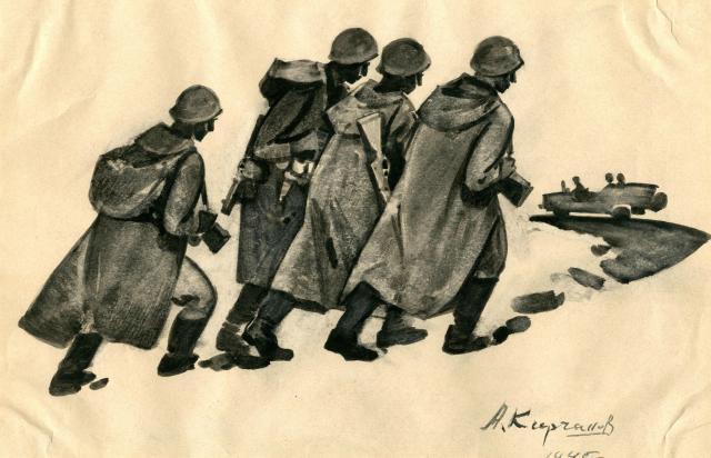 Александр Кирчанов. Солдаты идут. 1945. Бумага желтая, тушь. 21 х 34. Кемеровский областной музей изобразительных искусств