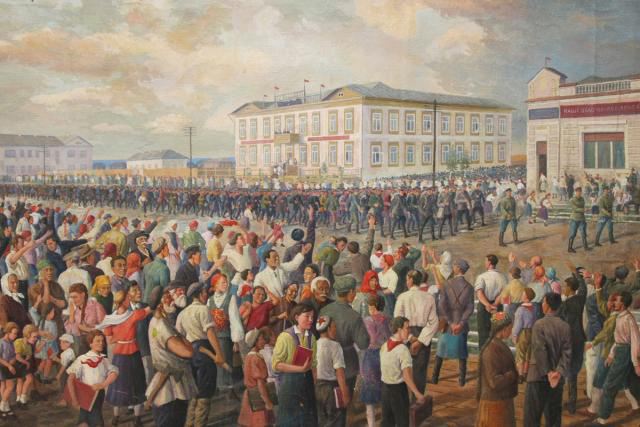Пантелеймон Попов.  Проводы мобилизованных в 1941 году. 1943. Холст, масло. 90Х161. Национальный художественный музей Республики Саха (Якутия)