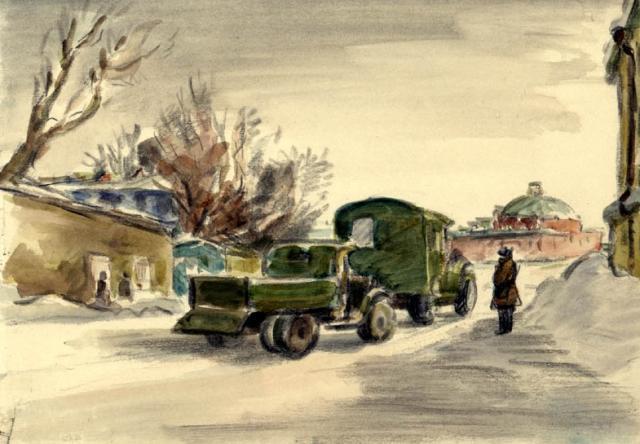 Павел Кондратьев. Грузовики. Из серии Блокада. 1941-1942. Бумага, акварель, карандаш. 17 х 24,2. Музей изобразительных искусств Республики Карелия