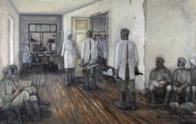 Владимир Пустарнаков. Прифронтовой эвакогоспиталь. 1984-1985. Холст,масло. 170 х 262. Башкортостанский Государственный художественный музей им. М.В.Нестерова